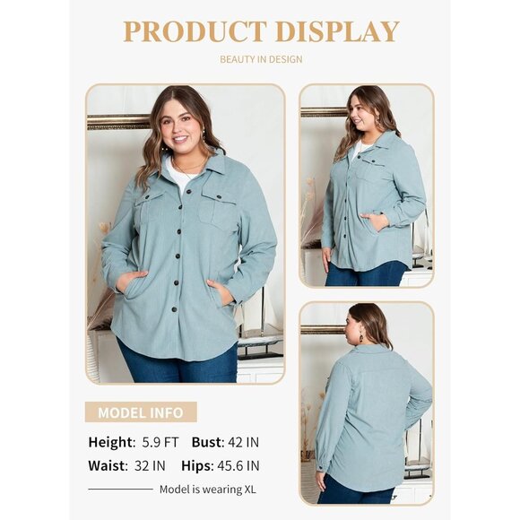 Womens Sky Blue Plus Size Plaid Shacket Long Sleeve Button Down Casual Jacket - Picture 2 of 4